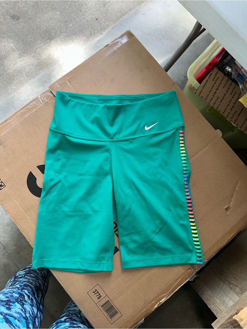 Nike Women's Teal Green Athletic Bike Shorts with Rainbow Side Trim